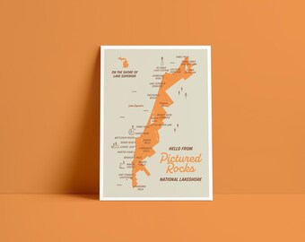 Pictured Rocks National Lakeshore Postcard Map, Minimalist Michigan Art Print (5x7)
