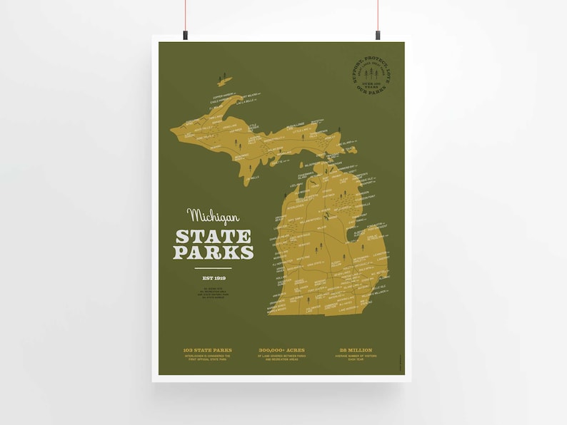 Michigan State Parks Map Illustrated Art Print 9x12 | Etsy