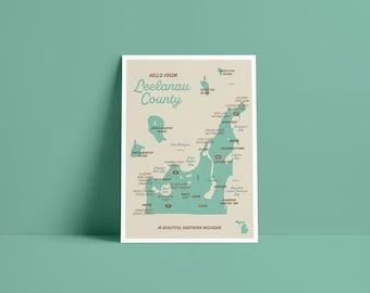 Leelanau County Michigan Map Postcard Print, Minimalist Art (5x7)