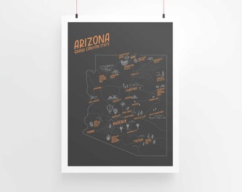 Arizona Map Art Print, Illustrated State Map, 9x12 Wall Art