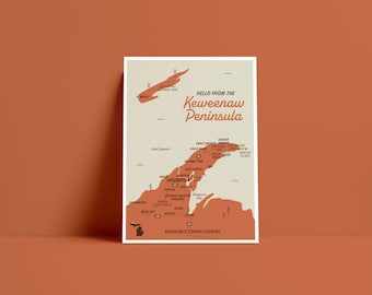 Keweenaw Peninsula Michigan Map Postcard, Minimalist Art Print (5x7)