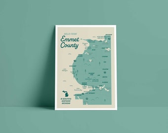 Emmet County Michigan Postcard Map | 5x7