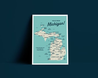 Michigan Map Postcard Print, Minimalist Art, Adventurer Gift (5x7)
