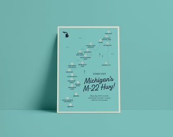 Michigan M-22 Highway Map Postcard, Minimalist Art Print (5x7)