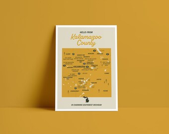 Kalamazoo County Michigan Map Postcard Print, Minimalist Wall Art