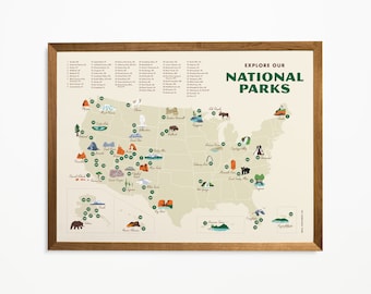 National Parks Illustrated Map Art Print, Minimalist Wall Decor (9x12)