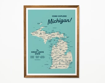 Michigan Map Art Print, Illustrated Vintage Style (9x12)