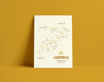 Yosemite National Park Map Postcard, California Wall Art (5x7 Print)