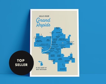 Grand Rapids Michigan Map Postcard, Minimalist City Art (5x7 Print)