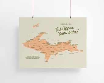 Vintage Upper Peninsula Map Art Print, Michigan Cabin Decor (9x12)