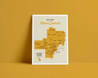 Metro Detroit Map Postcard, Minimalist Michigan Art (5x7 Print)