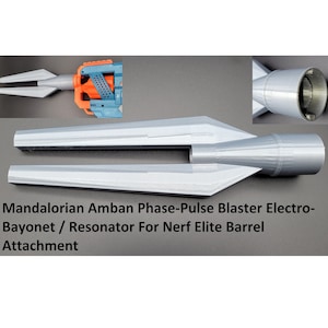 May include: A 3D printed gray Mandalorian Amban Phase-Pulse Blaster Electro-Bayonet / Resonator attachment for Nerf Elite barrels. The attachment has a long, narrow, and pointed design with a hollow center.