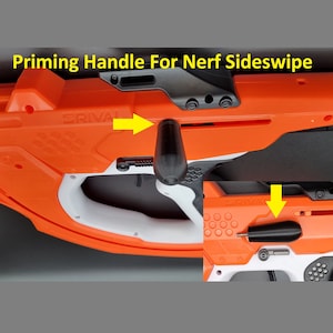 May include: A black priming handle for a Nerf Sideswipe toy blaster. The handle is shown inserted into the priming port of the blaster. The blaster is orange and white with the word "Rival" printed on the side.