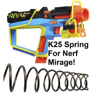 May include: A black and yellow spring for a Nerf Mirage toy gun. The spring is coiled and ready to be installed. The text "K25 Spring For Nerf Mirage!" is visible in the image.