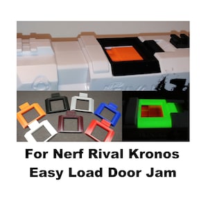 May include: A 3D printed door jam for a Nerf Rival Kronos blaster. The jam is available in a variety of colours, including orange, black, white, red, blue, and maroon. The jam is designed to make it easier to load the blaster.