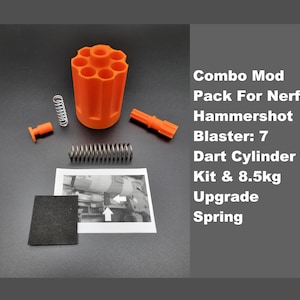 May include: Orange 7-dart cylinder kit for Nerf Hammershot blaster with an 8.5kg upgrade spring. The kit includes a spring, a push rod, and a black foam piece.