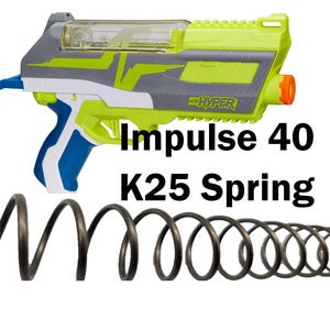 May include: A toy gun with the text "Impulse 40 K25 Spring". The gun is primarily gray and neon green, with blue and orange accents. A black spring is in the foreground.