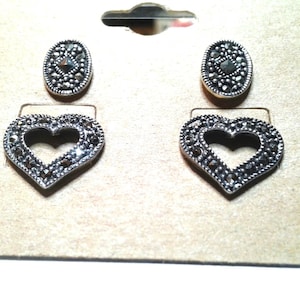 Vintage Marcasite post Heart and Oval Earrings CW Sterling +