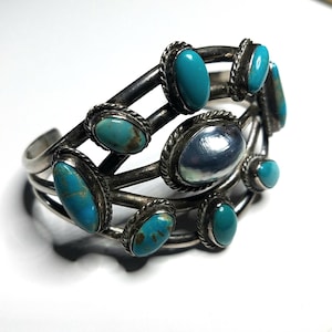 Signé Navajo Turquoise Silver Pearl vintage Cuff Bracelet