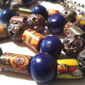 Vintage African Trade Bead Moroccan Berber Silver Cobalt Italian Art Glass Necklace