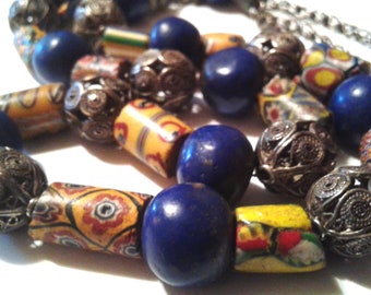 Vintage African Trade Bead Moroccan Berber Silver Cobalt Italian Art Glass Necklace