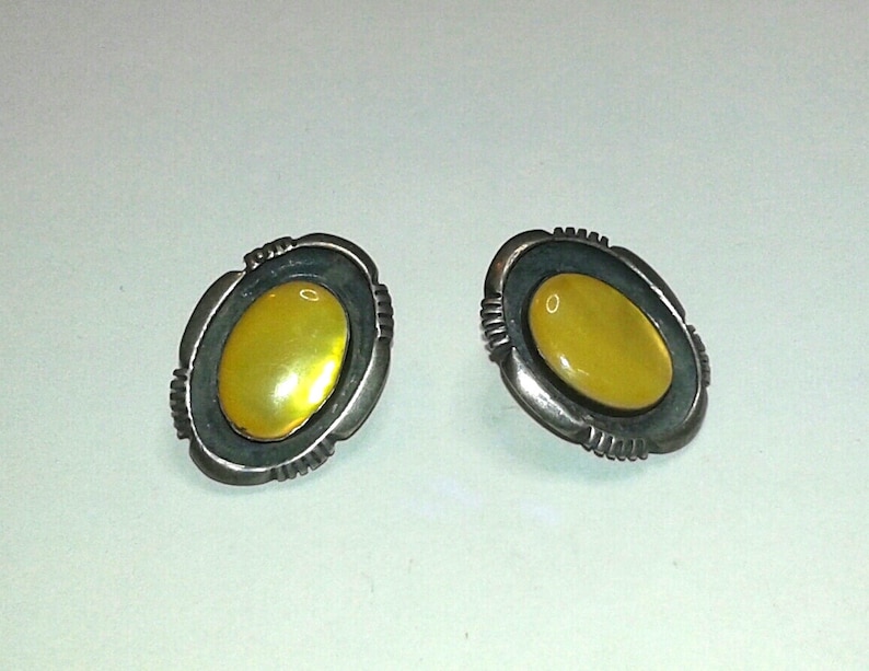 Vintage Native Southwest Sterling Silver Yellow Mother of Pearl Earrings