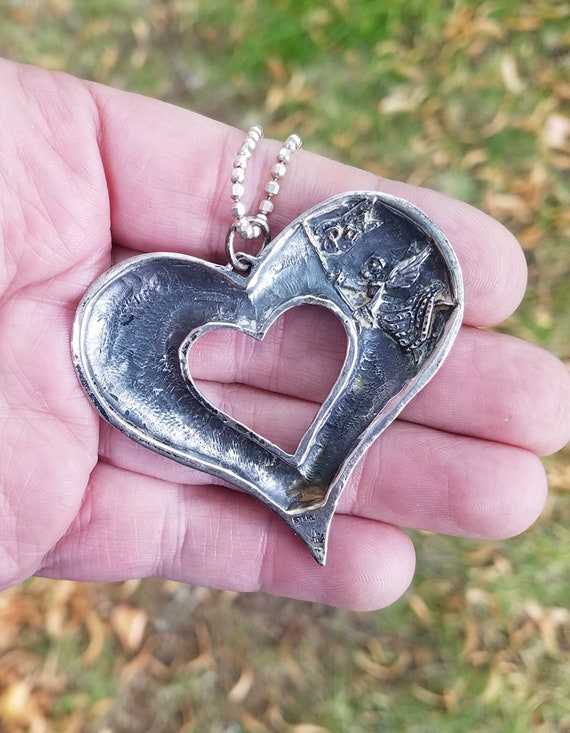 Heavy Sterling Silver Antique Heart Pendant Neckl… - image 3