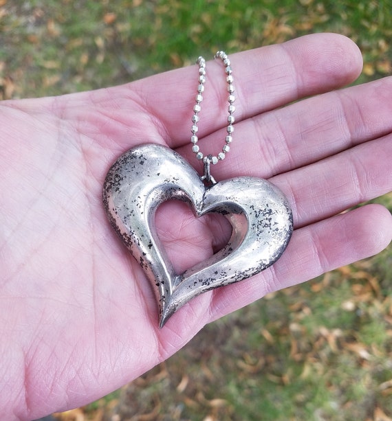 Heavy Sterling Silver Antique Heart Pendant Neckl… - image 1