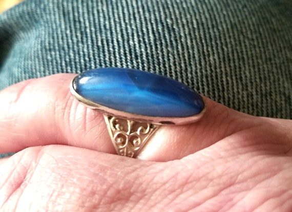 Vintage Sterling Blue Glass Ring Size 6 1/4 - image 1