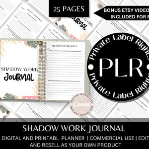 Könnte beinhalten: Ein digitaler Planer mit dem Titel "Shadow Work Journal" in einem rosa-grünen Farbschema. Der Planer umfasst 25 Seiten und beinhaltet einen zusätzlichen Etsy-Videoleitfaden. Der Text "Private Label Rights" wird in einem schwarzen Kreis mit weißem Text angezeigt.