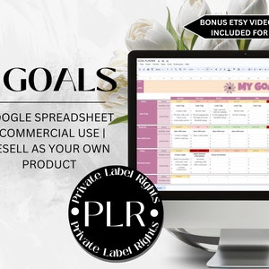 Könnte beinhalten: Ein Computerbildschirm zeigt eine Google-Tabelle mit einem rosa-grünen Farbschema. Die Tabelle ist mit "Meine Ziele" betitelt und enthält Spalten für verschiedene Ziele, Daten und Fortschritte. Der Text "ZIELE" wird in großen, fetten Buchstaben über der Tabelle angezeigt. Der Text "GOOGLE SPREADSHEET | COMMERCIAL USE | RESELL AS YOUR OWN PRODUCT" wird unter der Tabelle angezeigt. Ein schwarzer Kreis mit dem Text "PLR" wird in der unteren linken Ecke des Bildes angezeigt.