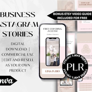 May include: A set of pink and white Instagram story templates for business owners. The templates feature text such as "Free Coaching Access!" and "Four Keys to Success". The templates are designed to be used with Canva.