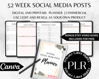 Pianificatore di social media da 52 SETTIMANE / Pianificatore di post / Pianificatore Plr / Pianificatore per uso commerciale / Pacchetto Plr / Modelli Plr / Pianificatore Facebook