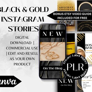 May include: Black and gold Instagram story templates featuring the text "NEW" and "On The Blog". The templates have a black and gold marble background with gold accents. The text "Private Label Rights" is also included on the templates.