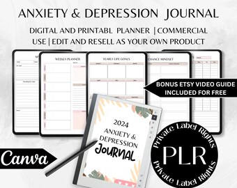 Plantillas Plr / Planificador de cuidado personal / Plantilla Canva / Diario de ansiedad 2024 / Diario de salud mental imprimible / Diario de bienestar