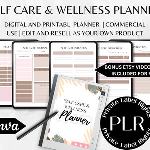 Self Care Planner | Plr Digital Wellness Planner | Commercial Use Planner | Canva Template | Journal Prompts | Adhd Planner.
