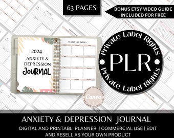 Plantillas Plr / Planificador de cuidado personal / Plantilla Canva / Diario de ansiedad 2024 / Diario de salud mental imprimible / Diario de bienestar