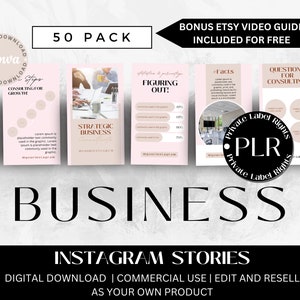 May include: A set of 50 pink and brown Instagram story templates for business. The templates feature text such as "Consulting for Growth", "Strategic Business", "Figuring Out!" and "Questions for Consulting". The text "50 Pack" and "Bonus Etsy Video Guide Included for Free" is also visible. The image includes a black circle with the text "PLR" inside.