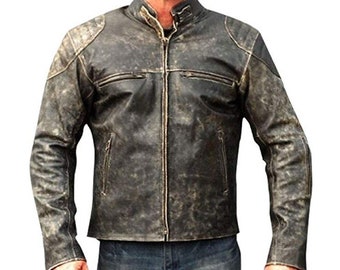 Mens Cafe Racer Vintage Retro Biker Stripped Lambskin Motorcycle Distressed Leather Jacket Brown