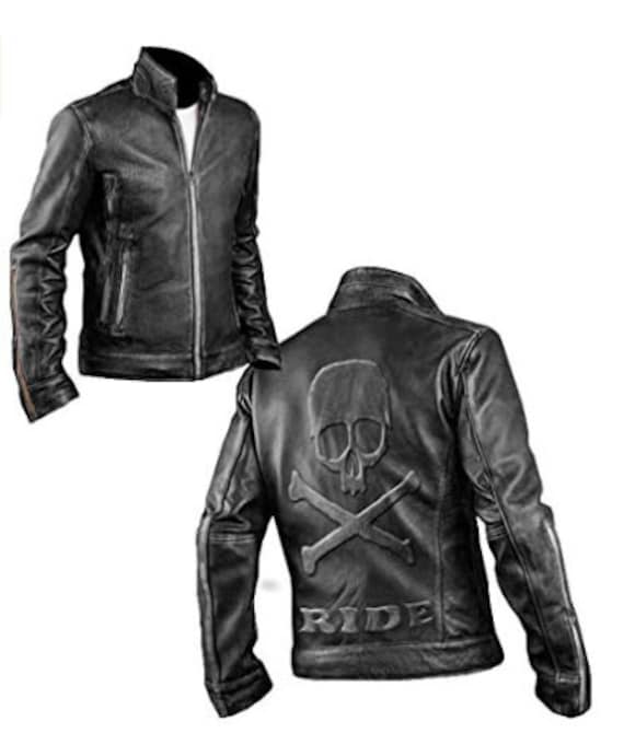 Mens Skull Embossed Motorcycle Cafe Racer Black Leather Jacket