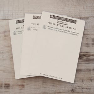 Puede incluir: Tres blocs de notas rectangulares de color blanco roto con un encabezado impreso en negro que dice Chapter 1. The Matters at Hand, seguido del texto: It was an unfortunate truth that there were things to be done before I could read. Literary Craft Parlour.
