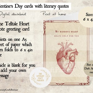 May include: Printable Valentine's Day card featuring a vintage anatomical heart illustration with the text "My Hideous Heart Beats Only For You". The card is 6 x 4 inches and is part of the Dark Academia range.