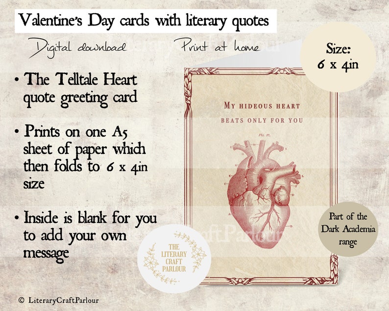 May include: Printable Valentine's Day card featuring a vintage anatomical heart illustration with the text "My Hideous Heart Beats Only For You". The card is 6 x 4 inches and is part of the Dark Academia range.