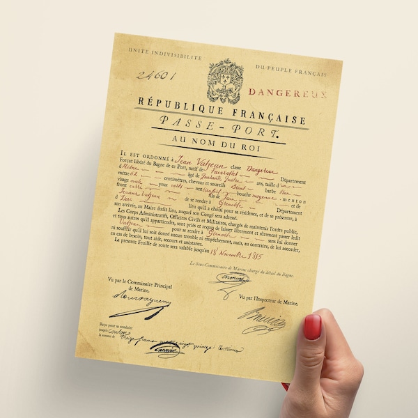 Jean Valjean Parole Document A5 Art Print – Passeport Jaune – Les Miserables – Victor Hugo