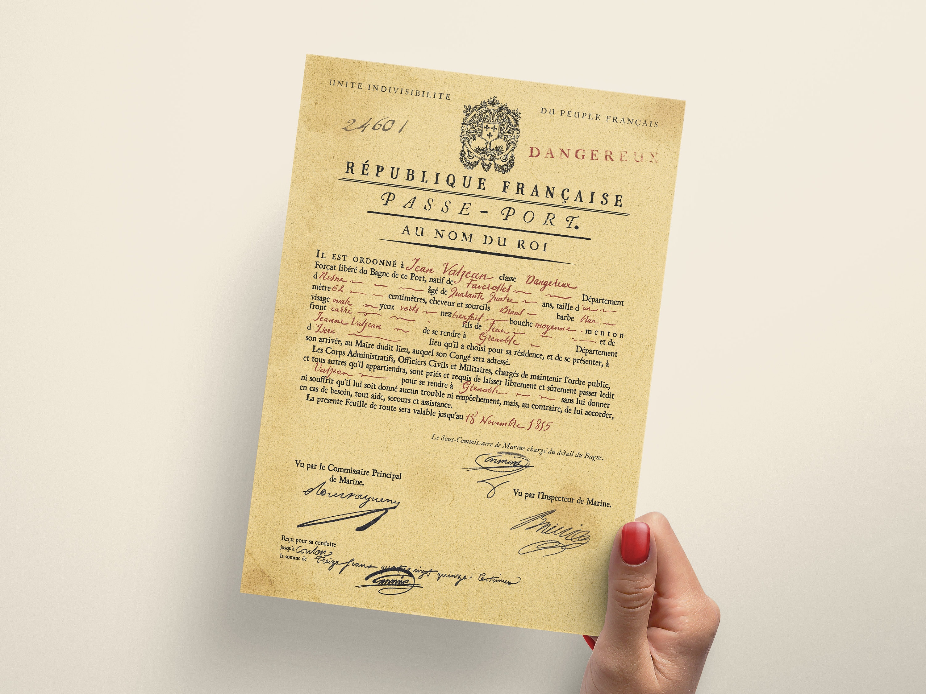 Jean Valjean Parole Document A5 Art Print – Passeport Jaune – Les