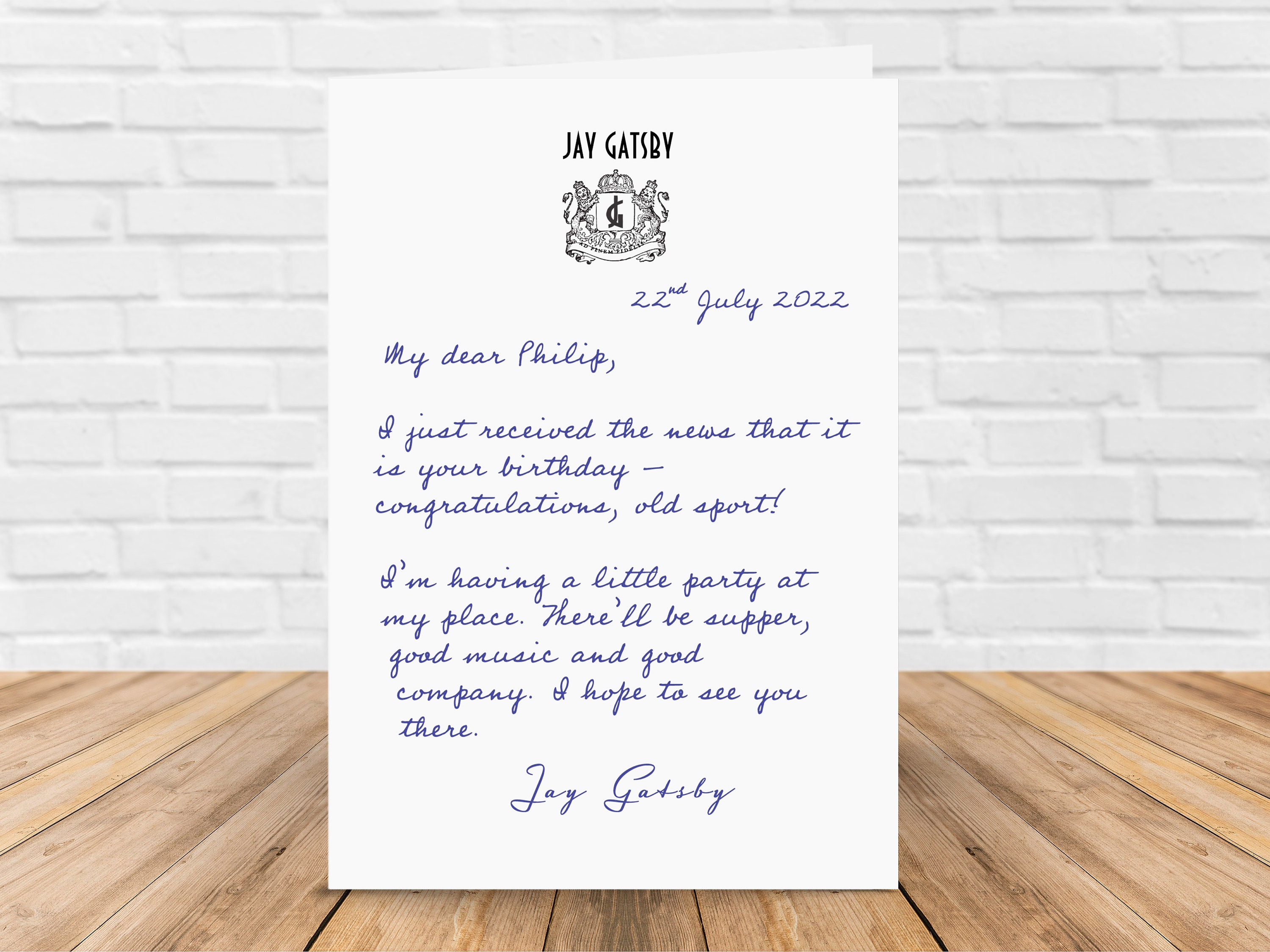Personalised Jay Gatsby Birthday Card – Letter From Jay Gatsby – Custom Birthday Card From Comfort Character