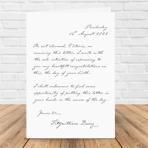 Carte d'anniversaire personnalisée de M. Darcy - Lettre personnalisée de M. Darcy - Personnage réconfortant - Carte d'anniversaire personnalisée