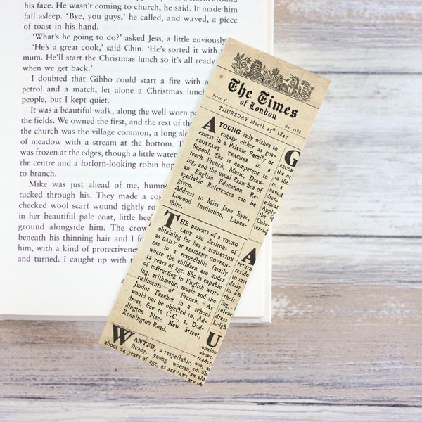 Jane Eyre Bookmark – Governess Advertisement – 1800s Ephemera – Vintage Victorian Newspaper