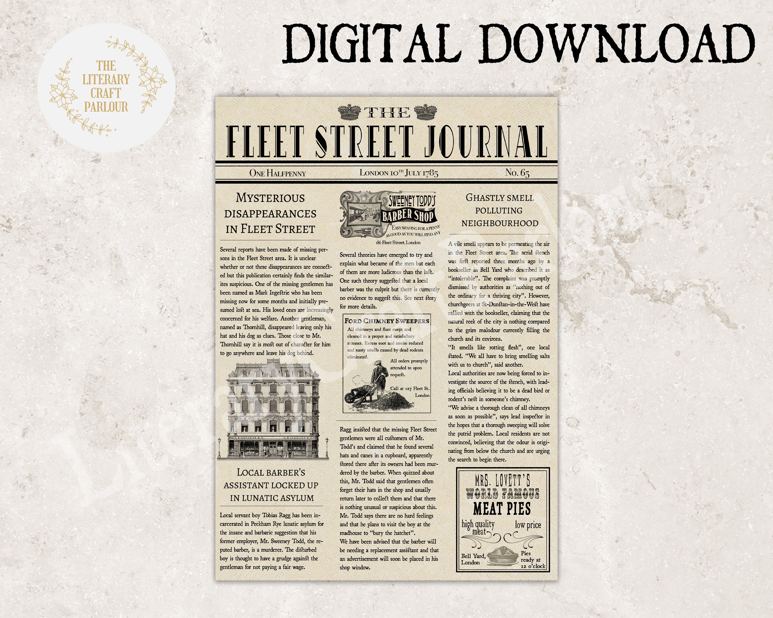 Vintage Newspaper, Victorian, Sweeney Todd, Fleet Street, Bookish Gifts, Dark Academia, Gothic Scrapbooking, Junk Journal