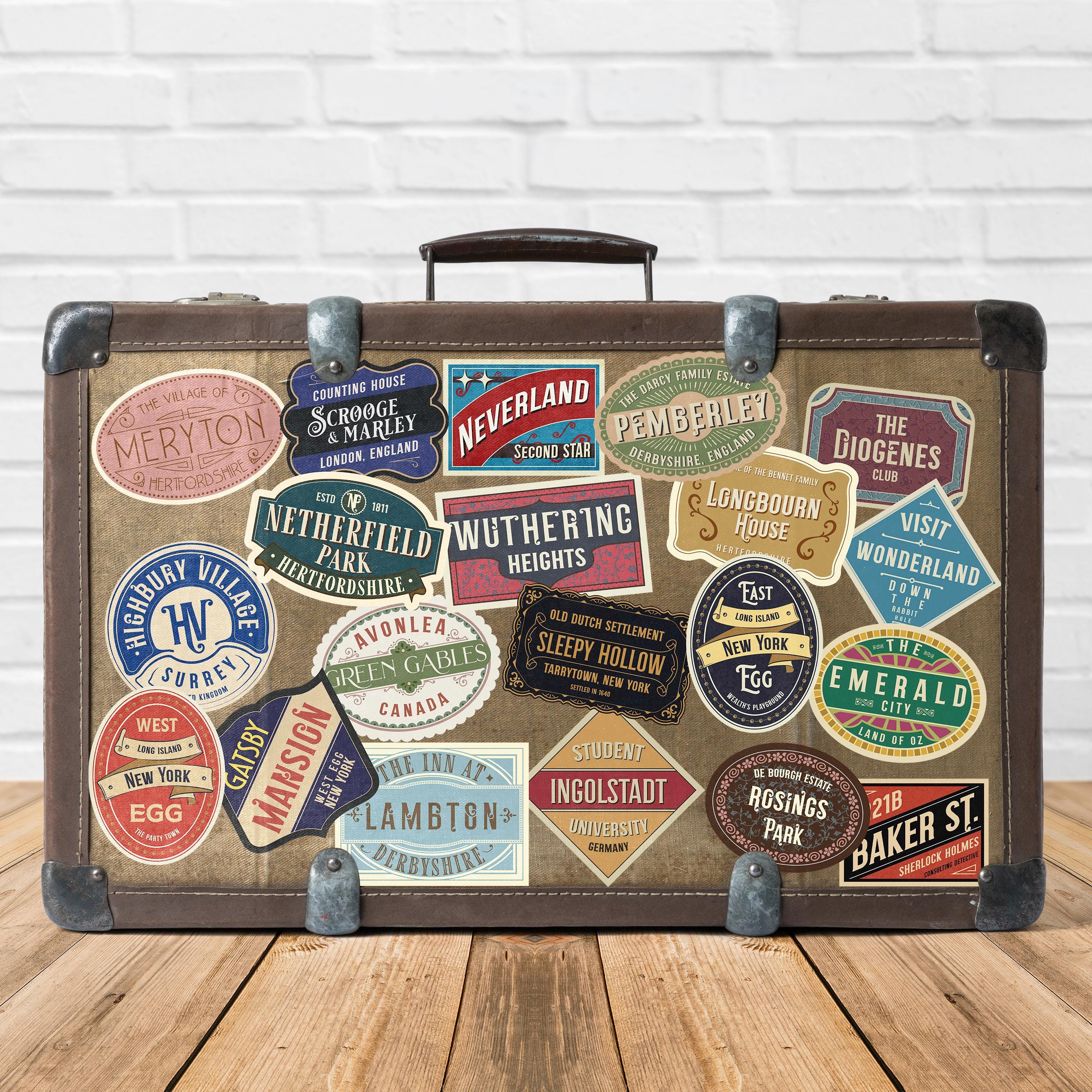 Fictional Travel Stickers – Vintage Style Luggage Labels (set of
